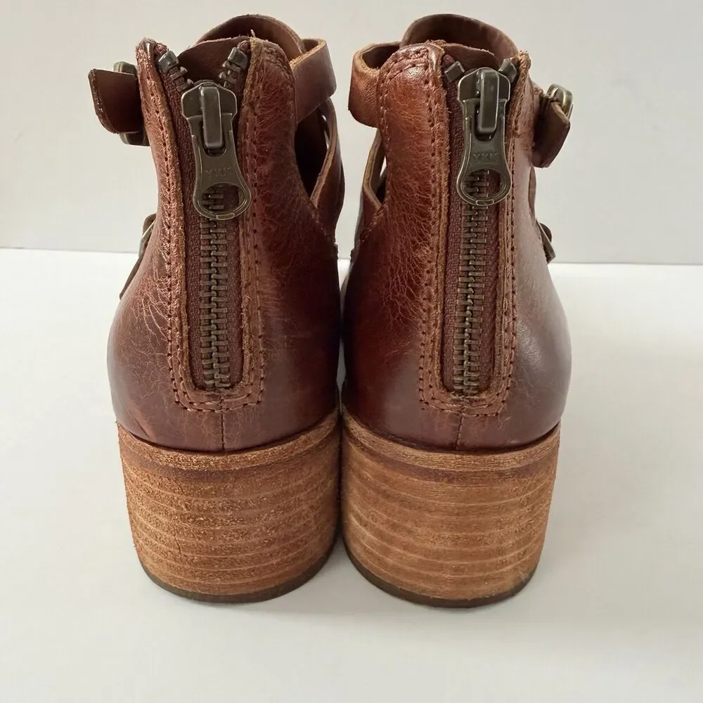 Kork-Ease Jardin Brown Leather Strappy Cut Out Ankle Booties Block Heel Size 8